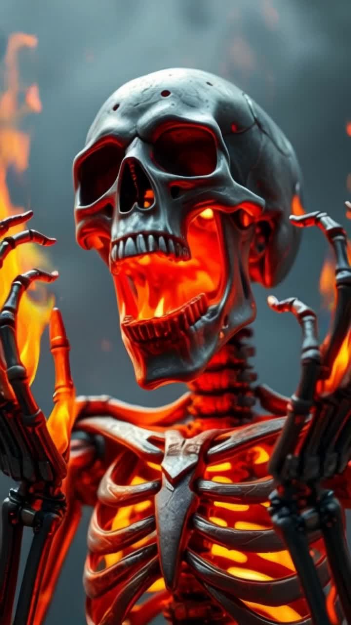 Skeleton burning inside, hands raised, Fall to pieces 