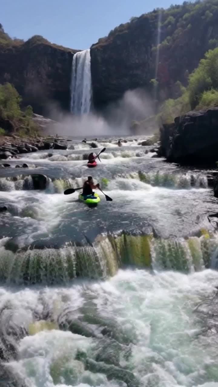 Vibrant paddles slicing through furious water droplets shimmering in sunlight five exhilarated adventurers gripping tightly their faces radiant with adrenaline as they navigate turbulent rapids powerful strokes propelling them forward internal cameras capturing heart-pounding moments anticipation building as thunderous waterfalls cascade into view lush greenery framing the scene mist rising creating an ethereal atmosphere tension crackling in the air excitement palpable as they race toward nature's roar