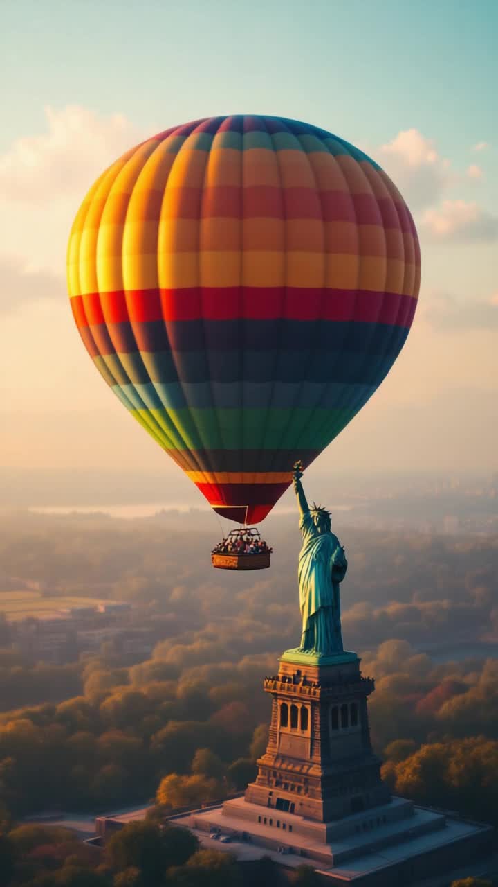 Hit air balloon floats over the statue of liberty 