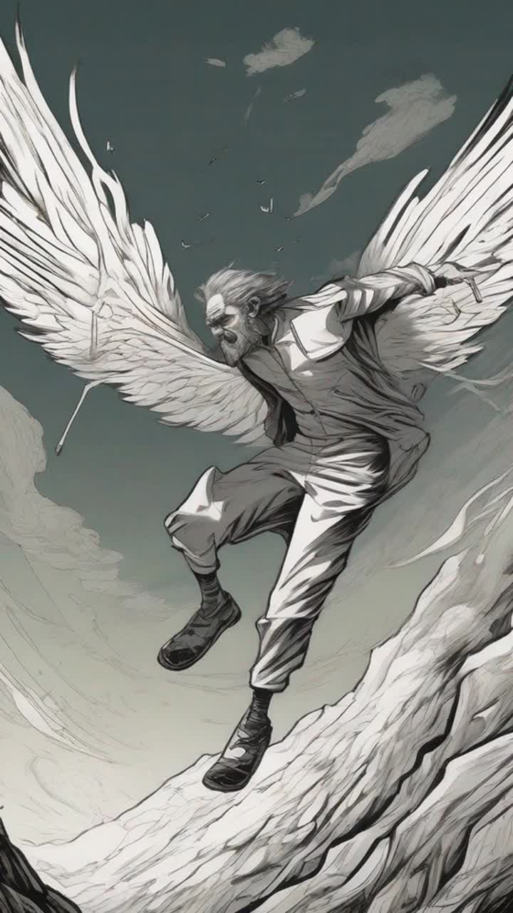 Unable to stop him, the seraphim glides through the air, desperately reaching for the man as he leaps off the cliff Cricket darts along the edge, frantically shouting warnings, but the wind consumes his voice in an instant With a heartpounding thud, the man plunges into the churning abyss below, leaving the seraphim and Cricket frozen in horror