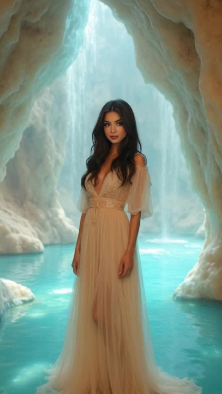 Gorgeous ethereal woman draped in flowing silks radiating elegance with shimmering jewels cascading down her neck dancing gracefully amidst sparkling crystals illuminated by soft glimmers of bioluminescent light surrounding her enchanting presence tranquil serene cave adorned with vibrant moss lush ferns cascading waterfalls creating a mystical ambiance echoing softly throughout the hidden sanctuary