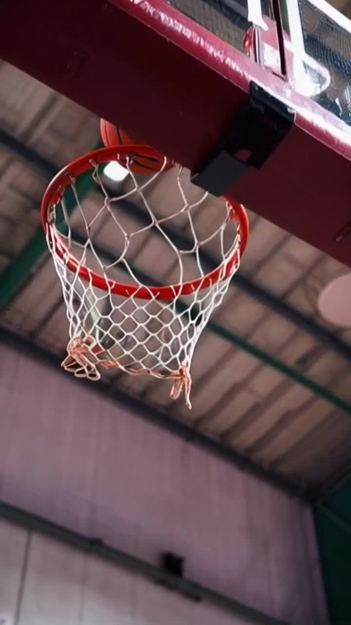 A slam dunk is the basketball actually going over the rim and through the hoop and out from the bottom of the net attached to the hoop rim, a slam dunk is over and in, the ball  is put over the rim by hand to go through the hoop, try to focus on a human hand putting the basketball over the rim, through the hoop