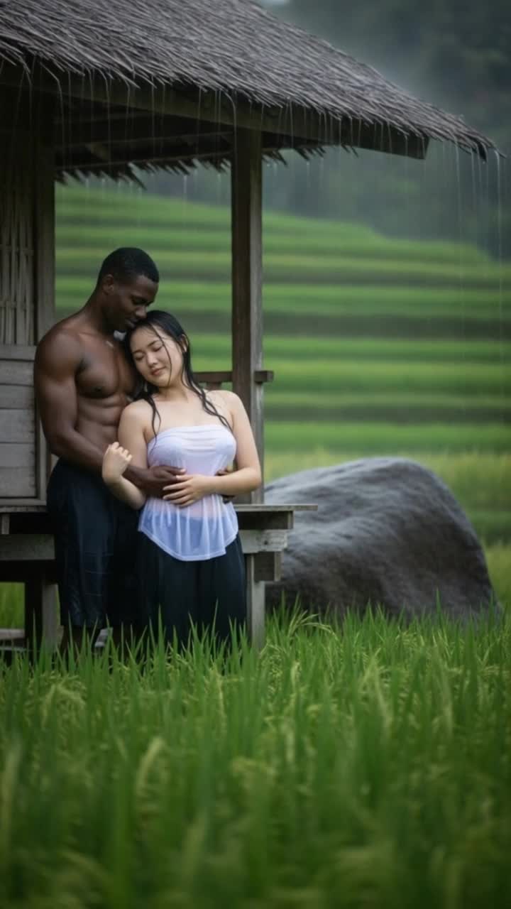 heavy rain, man hugs woman