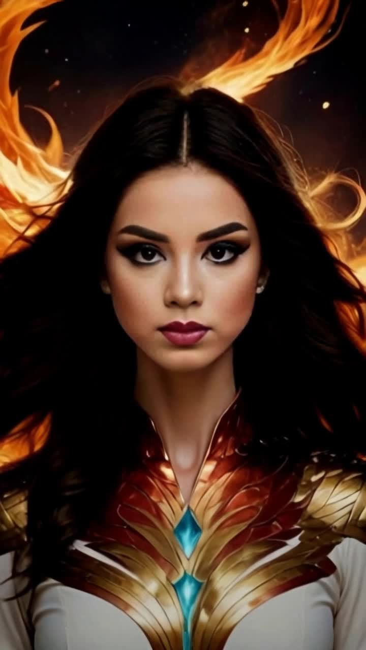 Graceful woman adorned in a flowing gown showcasing intricate patterns radiating elegance Long dark hair billowing like a silken curtain caught in a gentle breeze Flames dance around her illuminating the scene with vibrant hues of orange and red creating a mesmerizing contrast against her serene presence Embers flicker in the air casting ethereal shadows on the ground as the fiery whirlwind swirls gracefully enveloping her in a cocoon of warmth and intensity