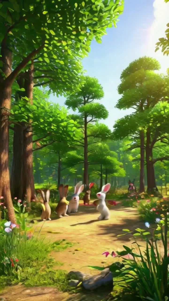Whimsical forest creatures gathering in a sundrenched glade dancing joyfully beneath vibrant wildflower canopies sparkling sunlight filtering through lush green leaves creating a kaleidoscope of colors soft breeze rustling softly around them enchanting melodies echoing from hidden woodland locations inviting magic in every corner