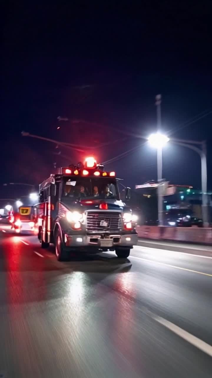 Gigantic hook and ladder fire engine sleek dark blue with vibrant white and gold stripes speeds down bustling expressway Actionpacked scene racing at ninety mph flashing emergency lights illuminating chaos around Background urban landscape blurred by rapid movement neon lights reflecting off windows midnight hour intense urgency palpable in the air shadows of skyscrapers loom overhead six firefighters visible inside crew cab massive windows determined faces set for action as they prepare to tackle major blaze adrenaline surges through every element cinematic highenergy moment bursting with vivid colors emergency sirens piercing through night sky