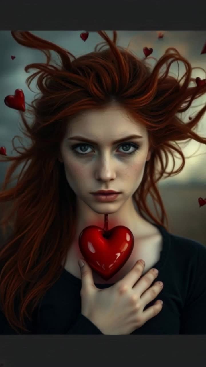 A beautiful redheaded woman, guarding whats left of her heart as a tornado sucks all the love from her body, chas in the background as she stands still crying into the camera 