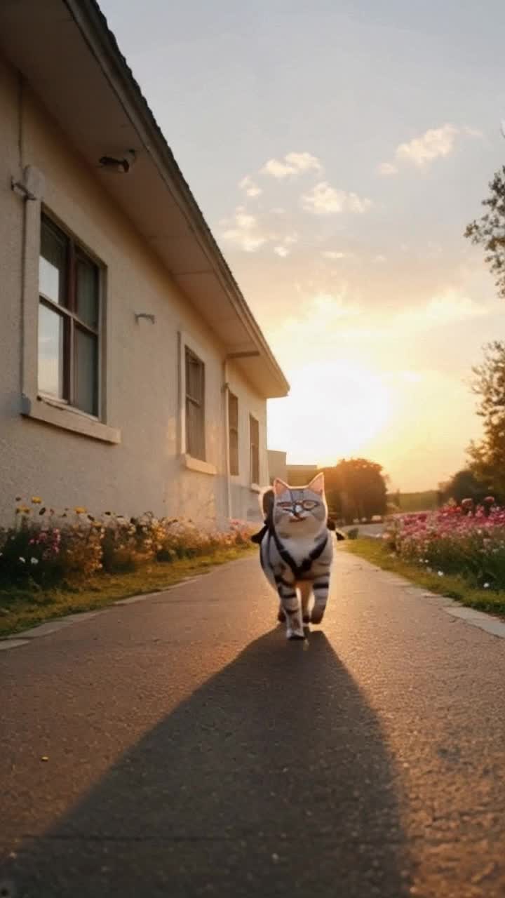 Scruffy little cat with oversized glasses wears a tiny backpack bounces joyfully down a sunlit path towards a whimsical school building Cats of all colors peek from windows giggling and pointing during this cheerful march Cat discovers a secret stash of colorful coins hidden under an old oak tree striking playful poses filled with laughter against a backdrop of vibrant flowers and buzzing bees as the golden sun sets casting a warm glow over this charming scene