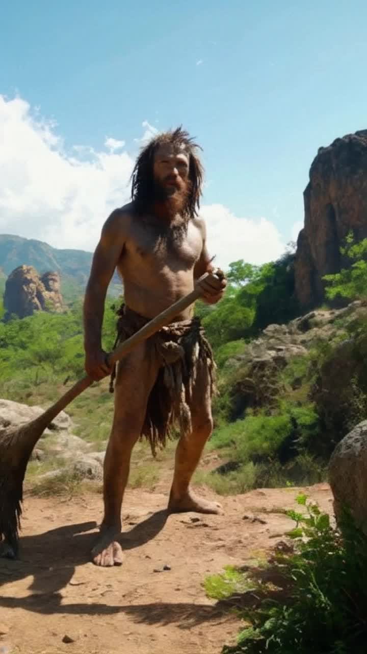Caveman with wild hair wearing animal skins Standing in a sunny lush prehistoric landscape Holding a large club while smiling playfully Vibrant foliage surrounds rocky outcrops with distant mountains in soft focus Brightly colored birds fly overhead Creating a lively atmosphere full of ancient life