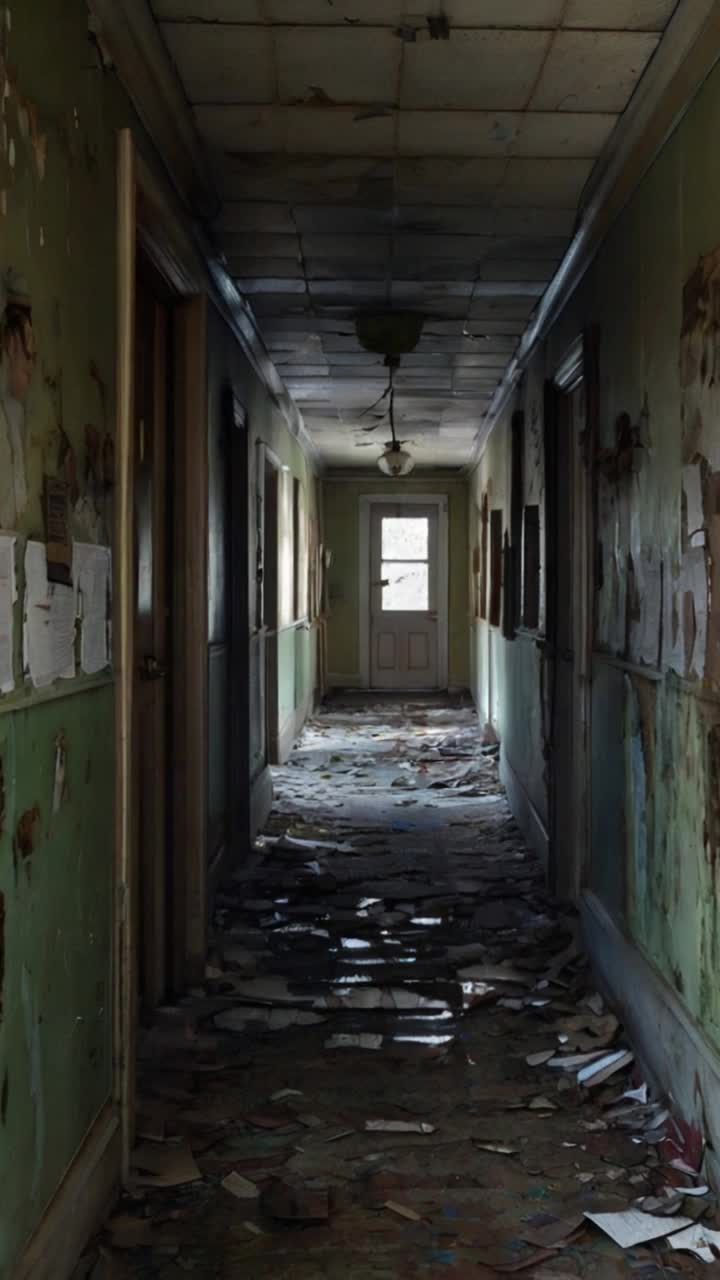 a tattered hallway steeped in decay, lined with faded portraits whose eyes seem to follow you Ghostly outlines of children at play blur at the edge of perceptionhands extended, inviting, or warning Light seeps in like memorydim, fractured, and cold