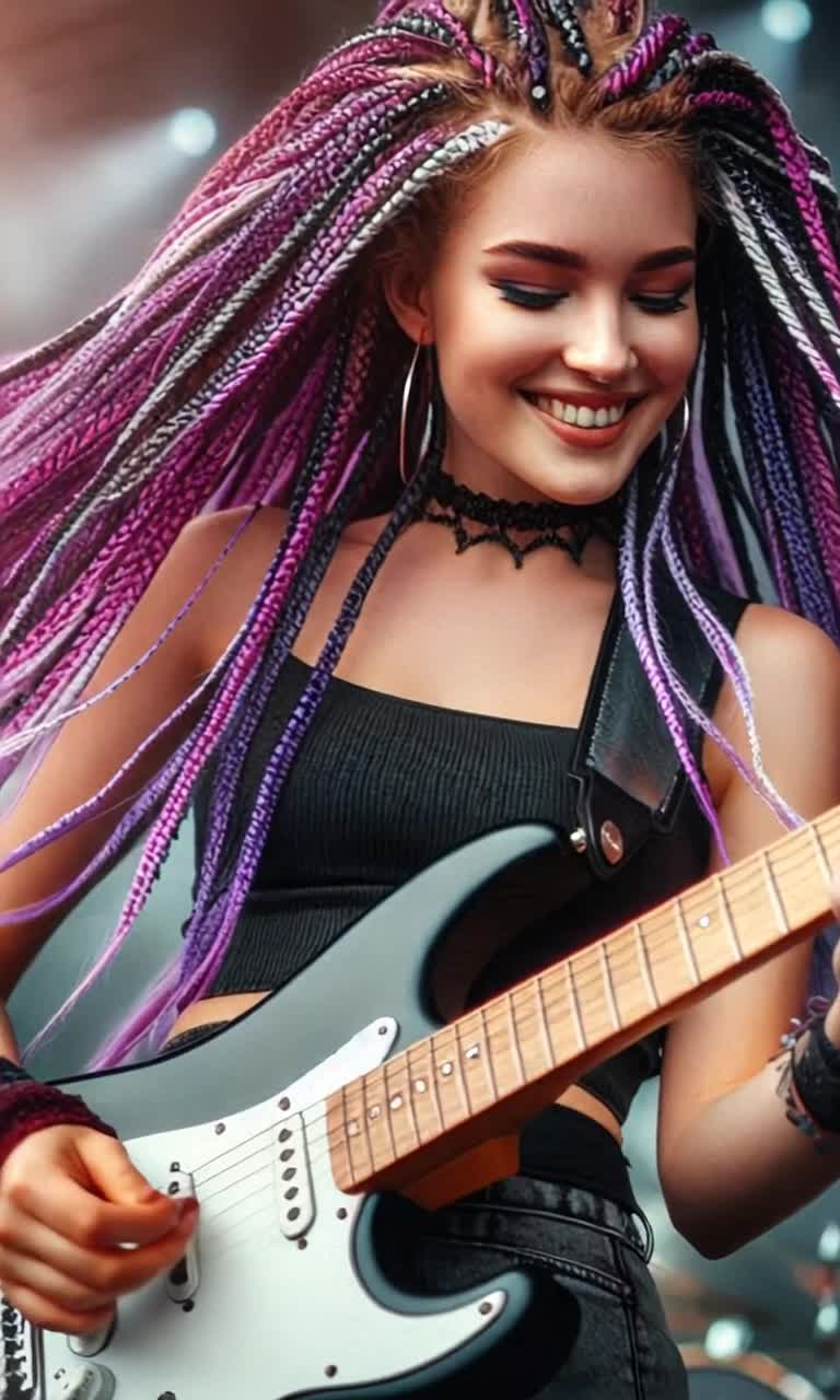 A beautiful  female guitarist on stage playing her guitar, smiling as she fingerpicks with her right hand, fretting the guitar neck with her left hand as she moves her head slightly, in time with the music she is playing as her face is maintaining a crystal clear view throughout the video, her gaze staying with the viewer 