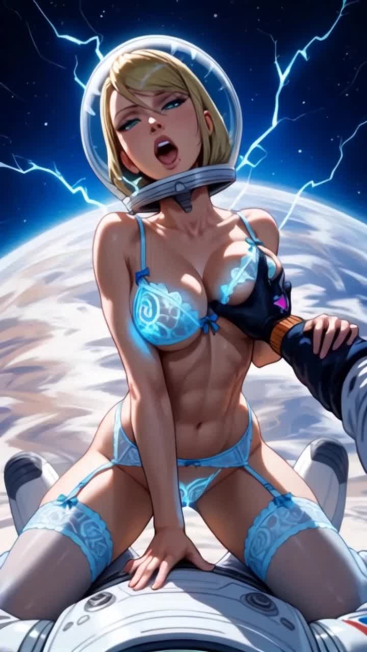 a beautiful woman sitting on a satellite getting grabbed by the chest and electrocuted sparks and lightning jolting around her body as she twitches and bounces her jiggling chest 