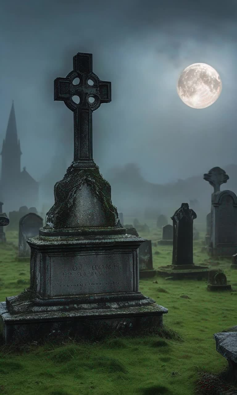 An ancient misty weed choked graveyard with an ancient stone church in Ireland the graveyard has beautiful marble moss covered stone statuary coming to life walking around the sky is a dramatic and displays a beautiful full moon