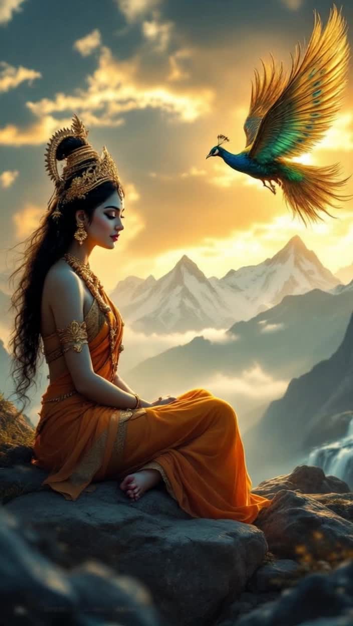 Heres a reel script for your given sceneReel Script Goddess SkandamataDuration 2025 secondsMusic Calm, melodious, and divine instrumental music such as a flute or veenaAudio Gentle sound of wind, slow sound of a waterfallShot 1 05 secondsScene The camera slowly pans upward, with rays of golden sunlight streaming down through the clouds A wide shot of the majestic and serene peaks of the HimalayasText on screen The fifth day of NavratriShot 2 512 secondsScene The camera zooms in Goddess Skandamata is seated on a rock Her face is extremely calm and compassionate She holds her son, Skanda, in her lap, who looks up at her Focus on the tenderness and peace of motherhood in this shot Shot 3 1218 secondsScene Suddenly, a huge and majestic peacock flies into the frame, its wings spread Iridescent colors shine on its feathers, and its flight casts a golden glow in the air The camera follows the peacocks graceful flightShot 4 1825 secondsScene The camera again shows the entire divine scene  Goddess Skandamata, her son, and the flying peacock High mountain peaks and waterfalls are clearly visible in the background This shot is a powerful blend of peace, strength, and loveText on screen Mother Skandamata Symbol of motherhood, strength, and loveMusic The music slowly fades out