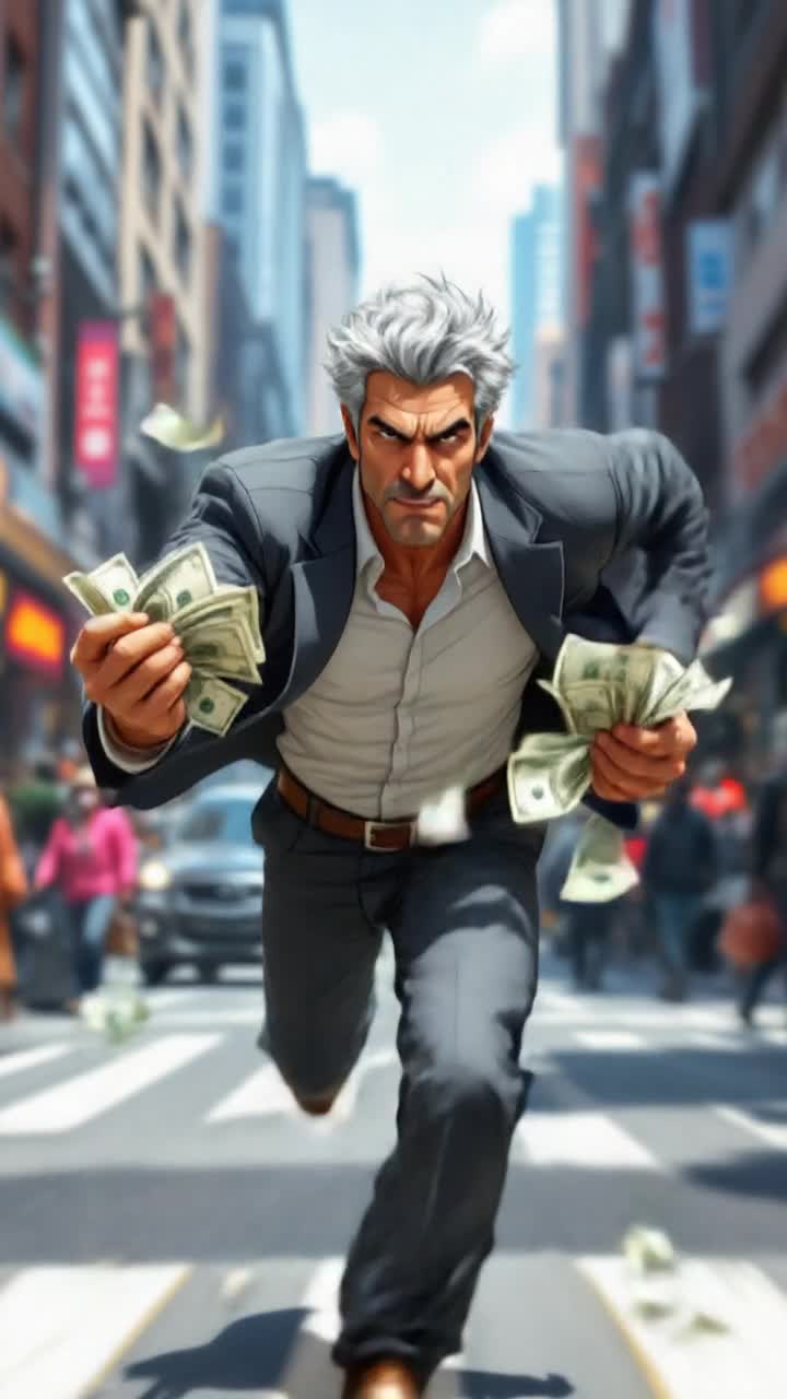 Grey haired hispanic man in his 50s running with money in his hands