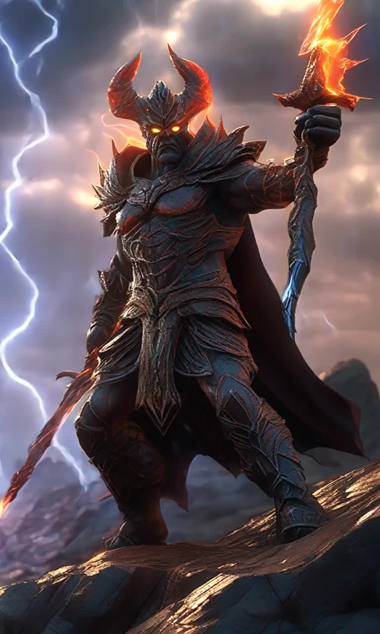 Heroic warrior with fiery determination radiating from his eyes dashes forward ready to battle sinister demons swirling in shadows beneath dark ominous clouds crackling with electric energy swirling winds and flashes of lightning illuminating fierce expressions on demon faces hauntingly twisted landscape of jagged rocks and deep ravines echoing with echoes of malevolent laughter
