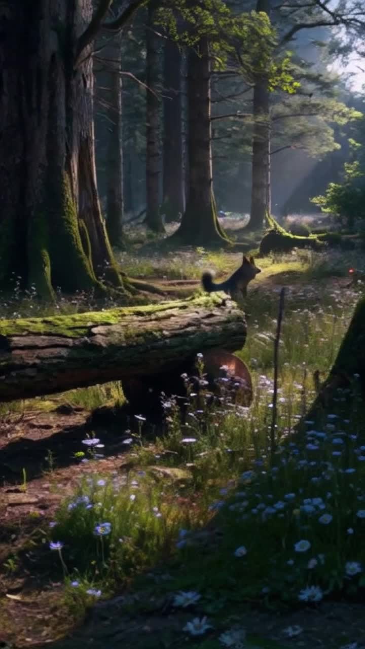 Enigmatic fox darting through twilight forest filled with vibrant wildflowers playfully leaping over mosscovered logs shimmering with dew under a canopy of ancient trees glowing with flashes of fireflies soft whispers of wind weaving through leafy branches creating an enchanting symphony of nature