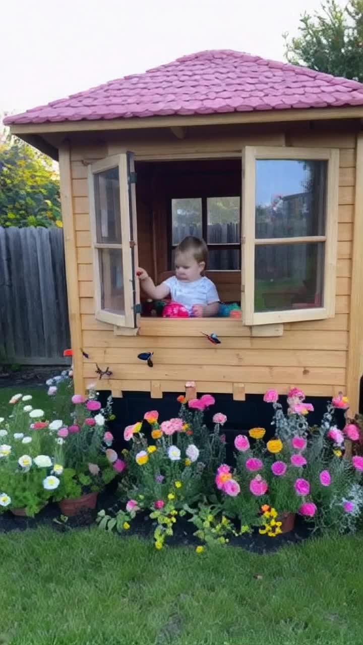 A child plays with a my little pony toy inside a backyard playhouse in front of an open window overlooking a flower garden where butterflies hover, touching on open blooms