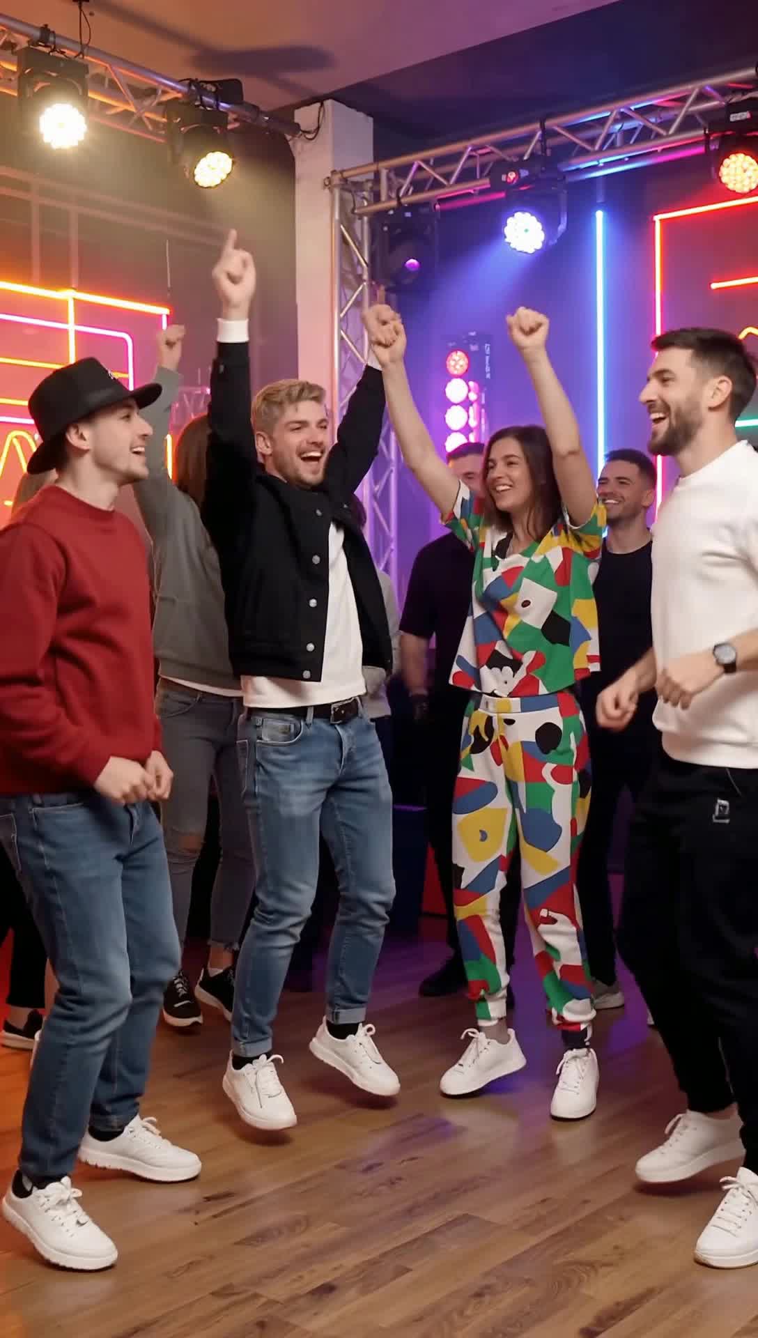 Colorful dancing figures radiating joy pulsate with vibrant energy swaying rhythmically under twinkling disco lights An eclectic crowd of diverse individuals lifts their hands high feeling the beat embrace their souls Electric guitar riffs fill the air igniting a collective celebration of love and music Neon hues splash across the scene illuminating exuberant smiles and rhythmic feet that shuffle to the groove A glimmering dance floor reflects the colorful chaos where laughter and movement collide creating a euphoric atmosphere alive with heartbeats echoing the joyful mantra of the night Grooviness transcends barriers uniting everyone in joyous harmony