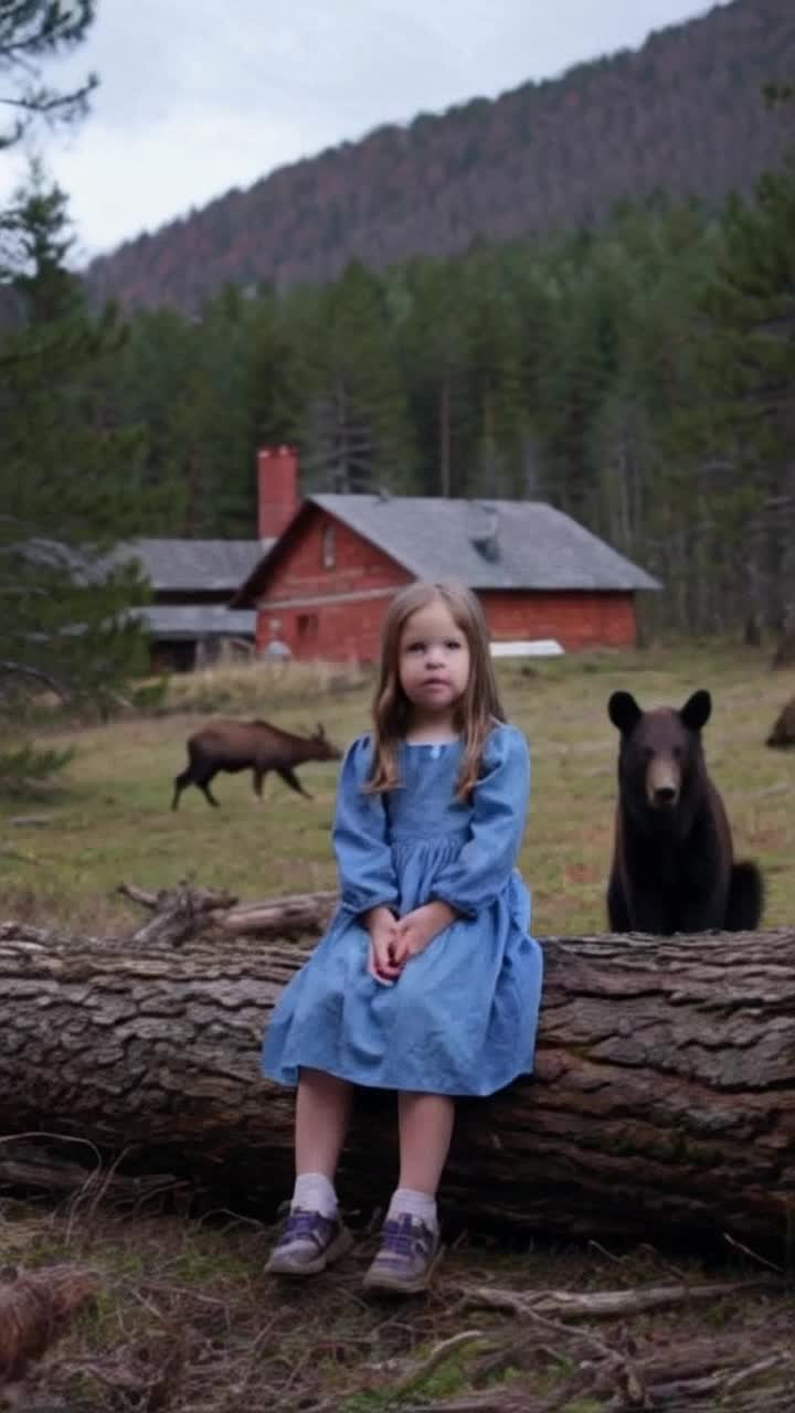 Little girl wearing a bright blue dress seated gracefully on a large moss covered log in a deep Northern forest complete with a friendly looking black bear and some elk  the girl is gazing curiously beyond large white house with a striking red brick chimney to the left Two stories high with expansive windows allowing Neatly stacked firewood nearby sparkling in the warm glow of afternoon Light breeze rustles the leaves as she peers towards a breathtaking forested mountainous ridge cloaked in shades of soft purple with a dreamy blue haze enveloping the distance creating an enchanting backdrop filled with wonder and tranquility
