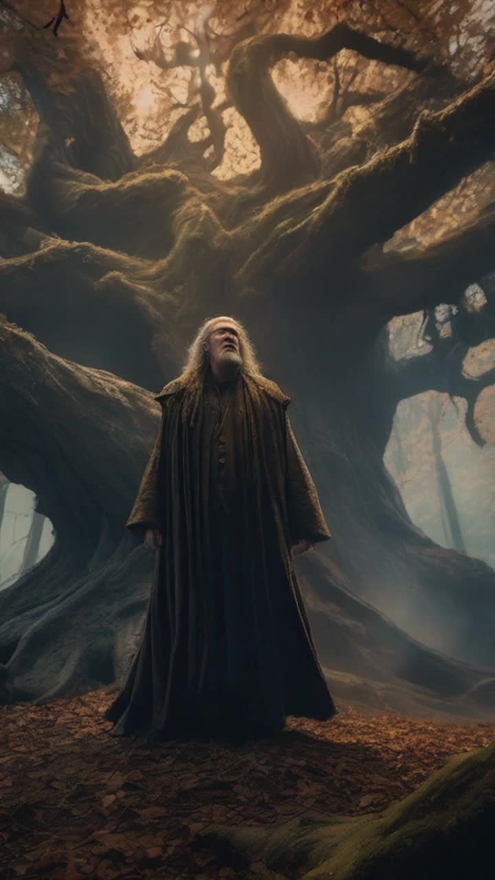 A lone sorcerer surrounded by swirling arcane energy unleashes a dazzling shockwave vibrant sparks illuminating his fierce expression Witches in flowing dark robes are tossed through the air their terrified shrieks piercing the silence Forest filled with towering ancient trees their gnarled trunks standing strong and weathered leaves rustling in the chaotic wind branches cracking under the force of the impact