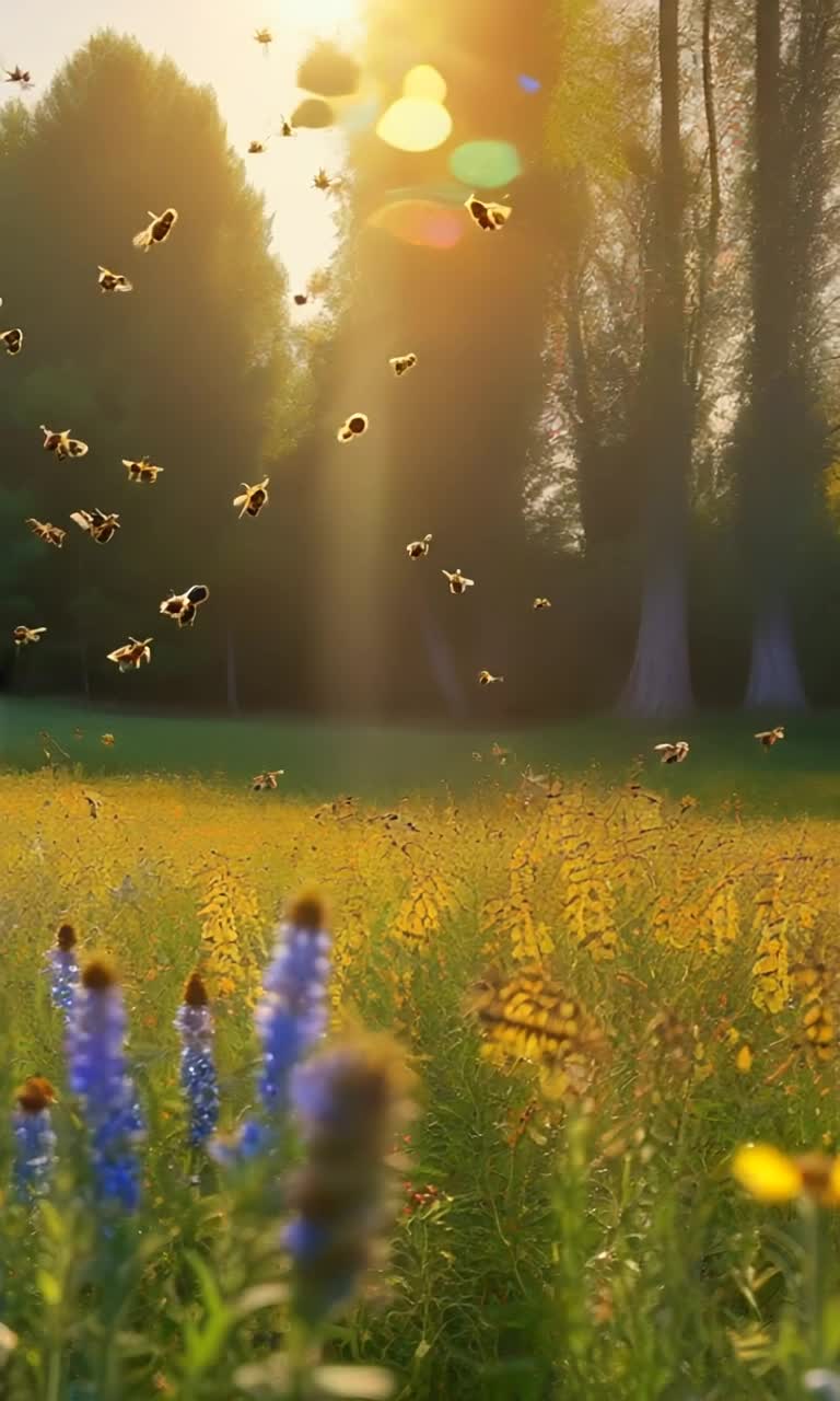 Vibrant swarm of bees buzzing gracefully through colorful wildflowers shimmering under golden sunlight Dipping and gliding smoothly as they collect nectar, tiny wings creating a gentle hum in the air Lush green meadows dotted with bright petals sway softly in a warm breeze, a backdrop of towering trees reaching towards a brilliant blue sky Sunlight filters through leaves, creating playful patterns on the ground Nature unfolds in intricate detail, with busy ladybugs climbing stems and delicate butterflies fluttering nearby, adding a dance of life to this enchanting pollinators journey