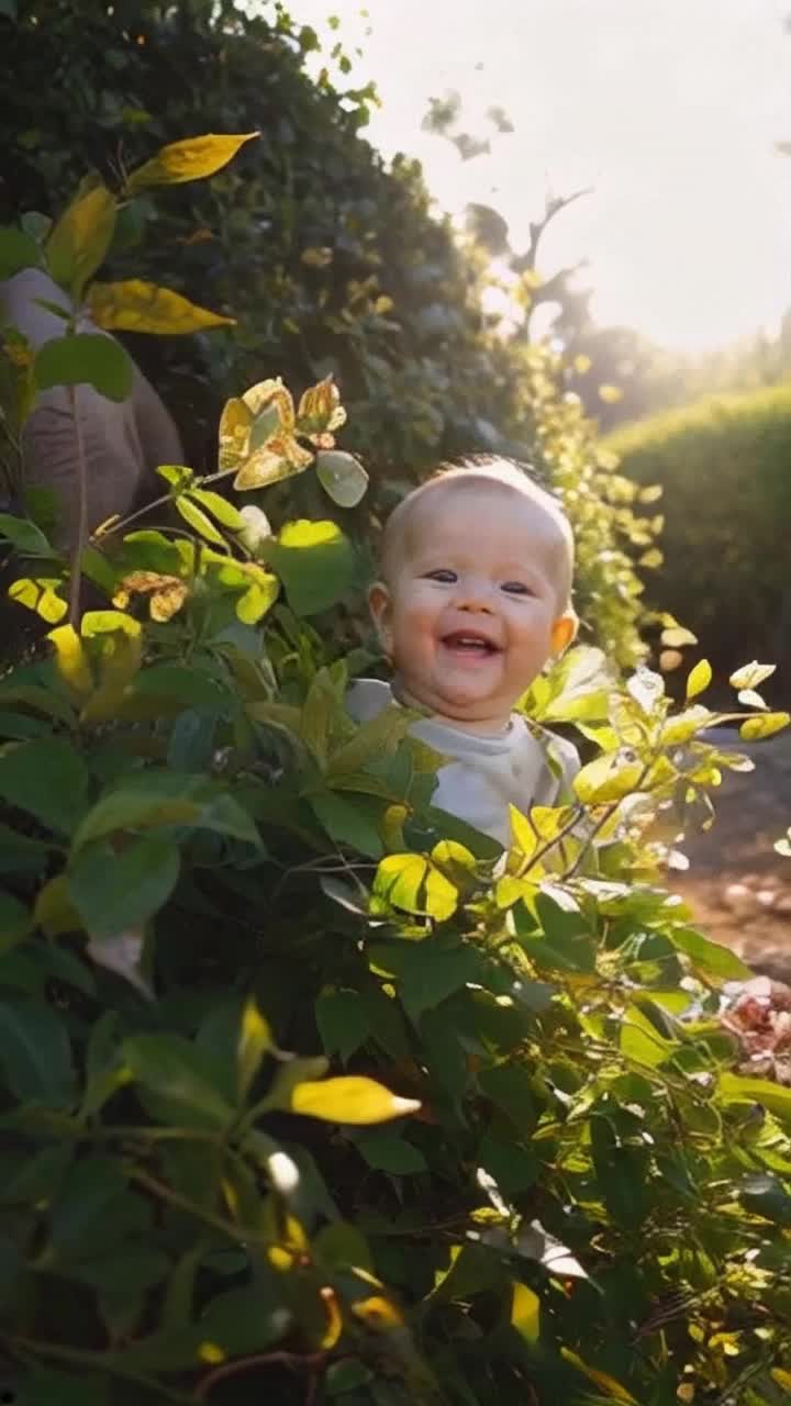 Tiny baby with sparkling eyes bursts into giggles reaching out for fluttering golden leaves dancing in the breeze gentle elephant peeks from behind a lush green bush ears flapping softly catching whispers of laughter sun filters through a vibrant canopy casting playful shadows on the ground tranquil atmosphere filled with the music of nature’s symphony blossoms sway in the background inviting curiosity and wonder