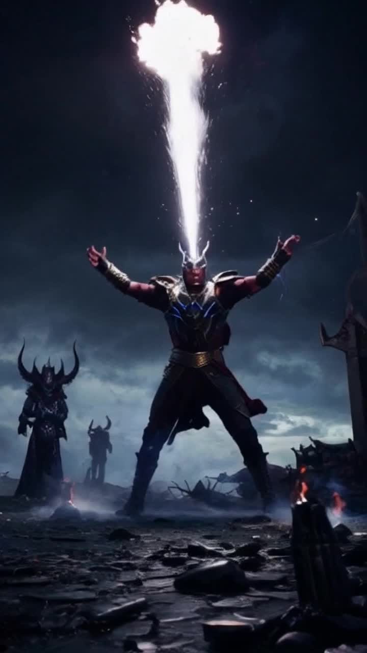 Heroic warrior lunging forward powerful energy surging from palms fierce determination in eyes Unleashing a barrage of brilliant photon blasts streaking through shadowy air illuminating dark battlefield with explosive flashes of color ethereal smoke swirling around amidst the chaos distant looming silhouette of an evil demon lord surrounded by cursed relics anger radiating from every corner of this formidable realm