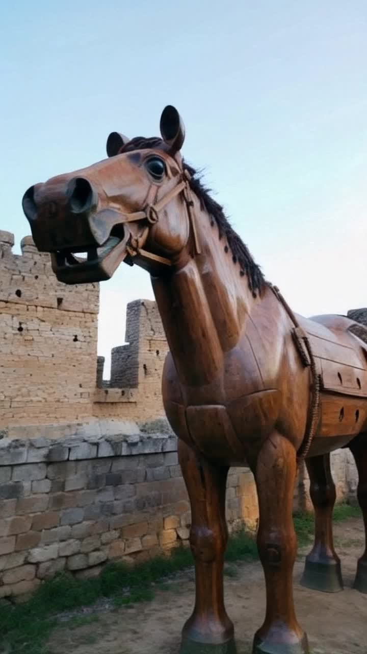 Giant wooden Trojan horse being offered outside of a fortress, mouth is slightly open for air so the men inside have a tad more ventilation than the few air holes hidden from adversaries that will not look a gift horse in the mouth