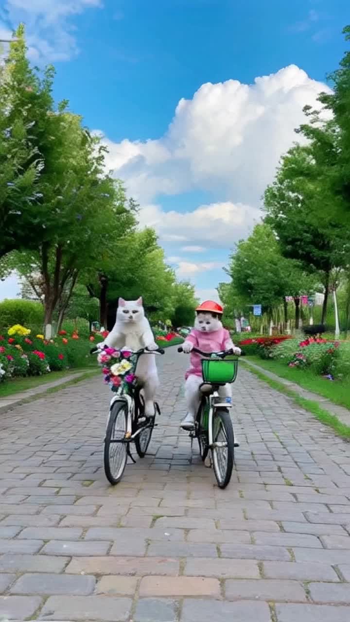 Two plump fluffy cats straddle a colorful bicycle pedaling with delight gleefully swaying in the breeze Brightly colored flowers line the cobblestone path as sunlight filters through lush green trees casting playful shadows Whimsical clouds float above in a cerulean sky while a gentle breeze rustles nearby bushes Laughter of children echoes in the distance adding to the cheerful ambiance as the cats sport tiny helmets grinning broadly enjoying their joyful adventure