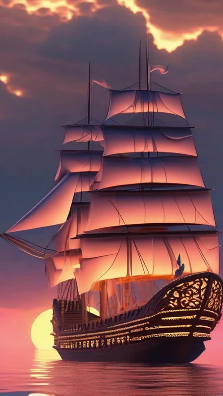 Majestic ship adorned with intricate carvings billowing sails unfurling in the wind gliding effortlessly across cerulean waves shimmering in golden light sparkling reflections dance upon the water vibrant hues of orange and pink wash across the sky as the sun dips below the horizon serene ambiance of twilight envelops the scene