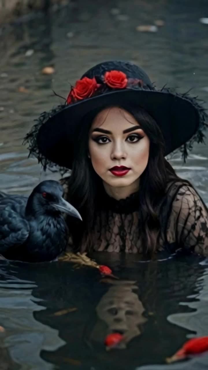 Graceful woman adorned in flowing gown floating serenely atop shimmering lake rippling gently beneath her delicate touch Dark, majestic crow perched nearby surveying surroundings with watchful eyes Sunlight glistens on waters surface reflecting vibrant colors of lush greenery framing tranquil scene Wisps of morning mist enveloping the landscape adding an ethereal quality to enchanting moment