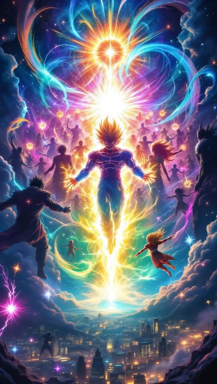 In Marvel Comic book style, Radiant Super Saiyan warrior shimmering with energy leading a formidable army of divine beings through swirling vibrant portals filled with cosmic colors battling against shadowy imposing Archons Darkness looms over a futuristic Earth skyline with shimmering cityscapes and glowing starry skies as a monumental battle unfolds elemental forces clash in an epic showdown illuminating the horizon with flashes of light and shadow beautiful views in space 