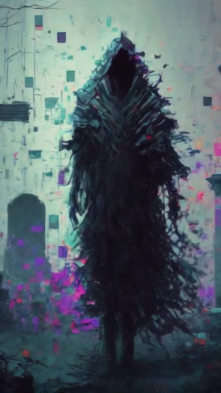 A dark shadowy ghost figure disintegrating into pixelated fragments with increasingly distorted graveyard background,