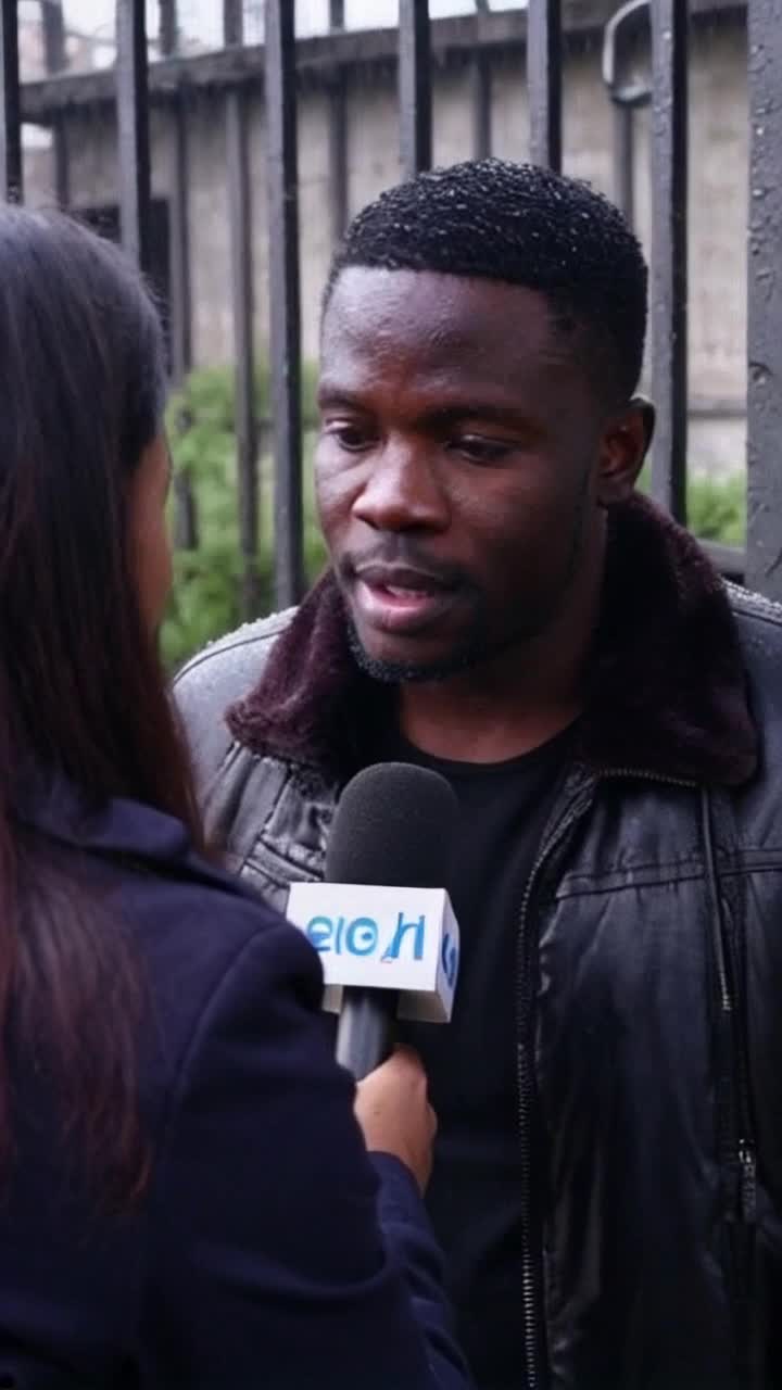 Black man in prison outside its raining ,having an interview with a woman reporter 