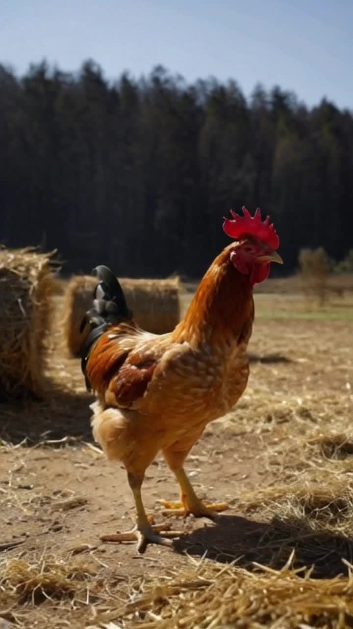 Feathered warrior chicken with fierce eyes prepares to pounce on unsuspecting human Clucking defiantly it lunges forward with sharp beak poised for action Sunlit barnyard filled with hay bales and scattered grains contrasts dark forest looming nearby Silhouetted trees sway ominously casting eerie shadows as tension builds Dust kicks up beneath the chickens feet creating an atmosphere of impending chaos