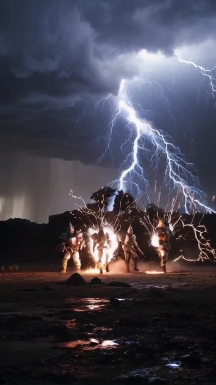 Chosen warriors adorned in shimmering armor crackling with energy surge forward unleashing swirling tempest of vibrant lightning bolts splitting darkened sky enemies stumbling backward in sheer terror battlefield quaking under immense weight of unleashed power swirling storm clouds gathering preparing for epic confrontation