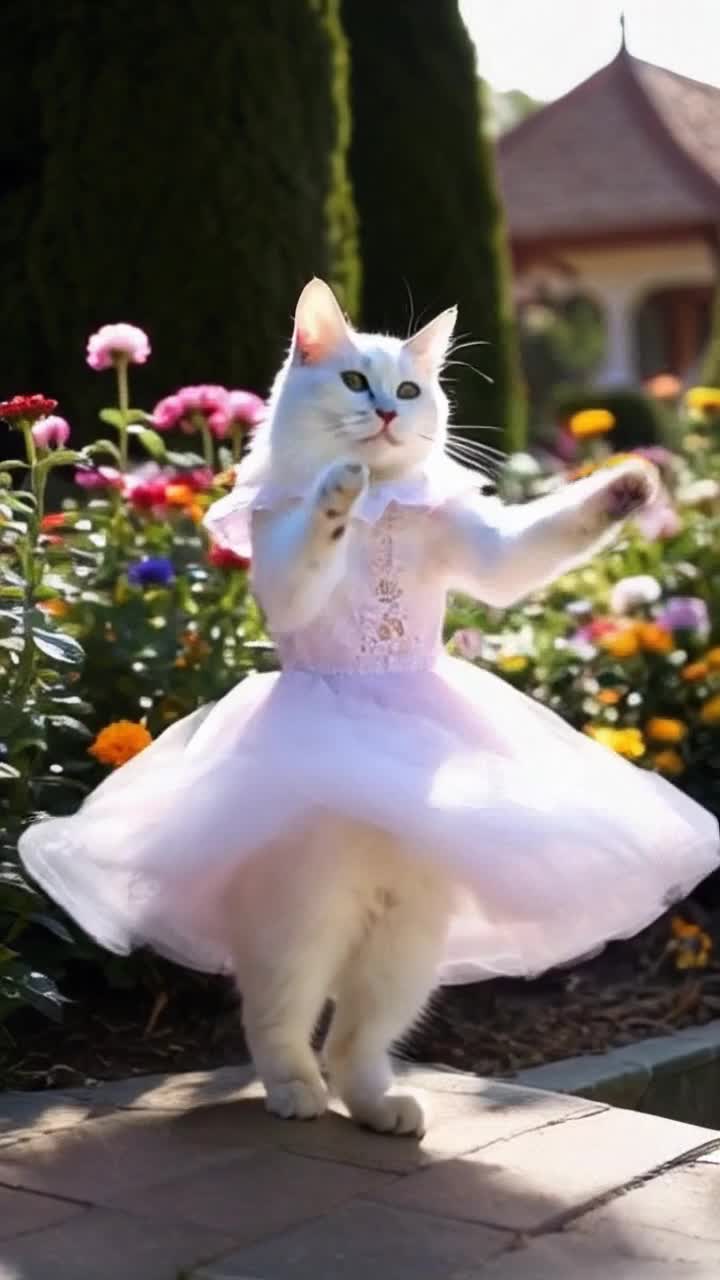 Elegant white cat adorned in a frilly baby dress twists and twirls Charming melody flows from a delicate flute played by an invisible musician Enchanting garden filled with colorful flowers dancing in a gentle breeze Sunlight filters through lush green leaves casting playful shadows on the ground