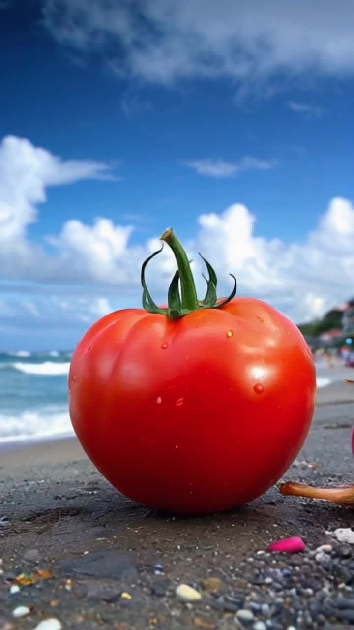 Vibrant tomato character with expressive eyes and happy smile Two friends with whimsical personalities ice cream character with melting edges and a dramatic onion prone to tears Journey towards sunkissed sandy beach filled with colorful umbrellas and waves crashing on shore Engaging in playful antics until ice cream begins to melt dramatically under the sun Tomato and onion react with shock and sadness Stale road with fading light as tomato is tragically struck by a car Onion trudging homeward heartbroken amidst blurred silhouettes of townsfolk Starlit sky as onion gazes up, question echoing in silence Community gathering