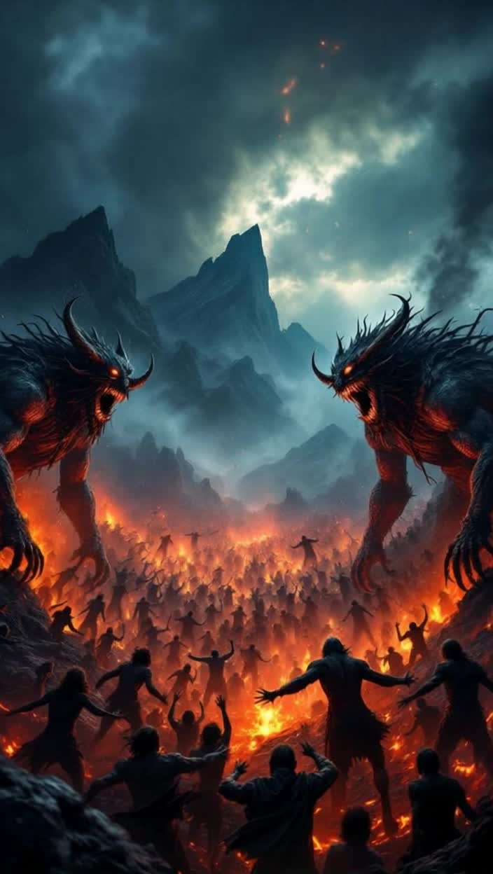 Crowds of tormented souls writhe in anguish surrounded by grotesque towering demons with fiery eyes and jagged claws shrieking in delight Fiery chasms burst open underneath their feet spewing ash and embers while dark storm clouds swirl ominously above casting eerie shadows across the landscape Jagged mountains loom in the distance their peaks shrouded in smoke as relentless screams echo in the air creating an atmosphere thick with despair and chaos