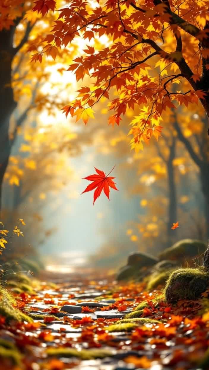 Goldenhued canopy adorned with amber leaves fills the scene Soft sunlight filters through vibrant branches creating an enchanting glow A solitary red leaf breaks free from its perch gliding gracefully in the breeze Ground carpeted with colorful foliage sparkles with morning dew Surrounding path lined with blurred mossy stones softly reflecting the skys hues Air thick with a rich textures of autumn whispers as distant crows call against the gentle rustle of leaves Each sound adding to the symphony of natures final moments Frosted breath mingles with the tranquility inviting a moment of quiet reflection as shadows stretch long indulging in meditative calm