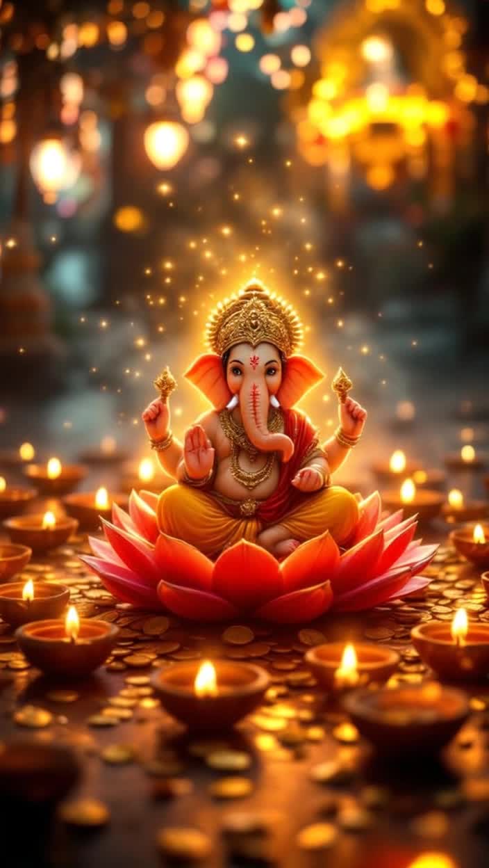 An enchanting gathering of vibrant earthen lamps illuminates the scene Each diya flickers with a golden flame revealing intricate patterns as music begins to play A majestic image of Lord Ganesha slowly emerges on a resplendent red lotus showered with divine light capturing every detail of his ornate attire Nearby Goddess Mahalakshmi appears radiantly on a white lotus surrounded by a cascade of golden coins and fragrant petals A festive Mandap unfolds in a background of flickering diyas as calm shlokas fill the air showcasing the spirit of Diwali Glorious fireworks burst to life displaying sparkling visuals culminating in an uplifting celebration of joy