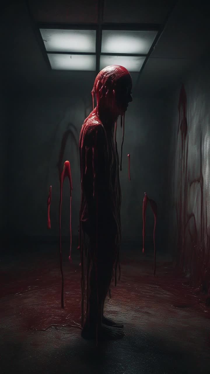 Distorted figure with a ghostly pale face eyes wide with terror mouth agape red juice  drips from under chin body tense in a unnatural stance rotating head in eerie motion exploring pitchblack surroundings flickering dim light casting haunting shadows on cracked walls sinister whispers echo creating a chilling atmosphere of dread