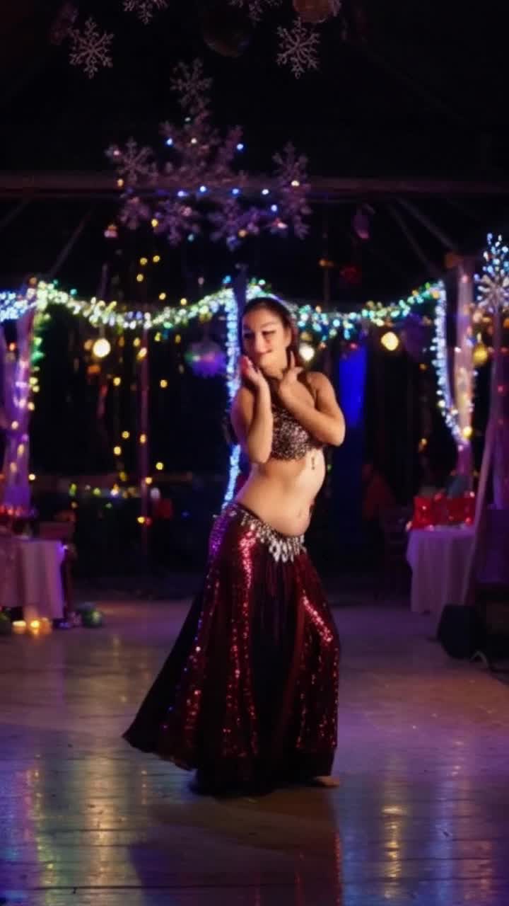 Elegant woman performing captivating belly dance twirls glowing with holiday spirit shimmering sequins radiating warmth in dimly lit venue adorned with twinkling fairy lights festive decorations creating enchanting atmosphere vibrant colors illuminating stage reflecting joyful celebration of Christmas magic