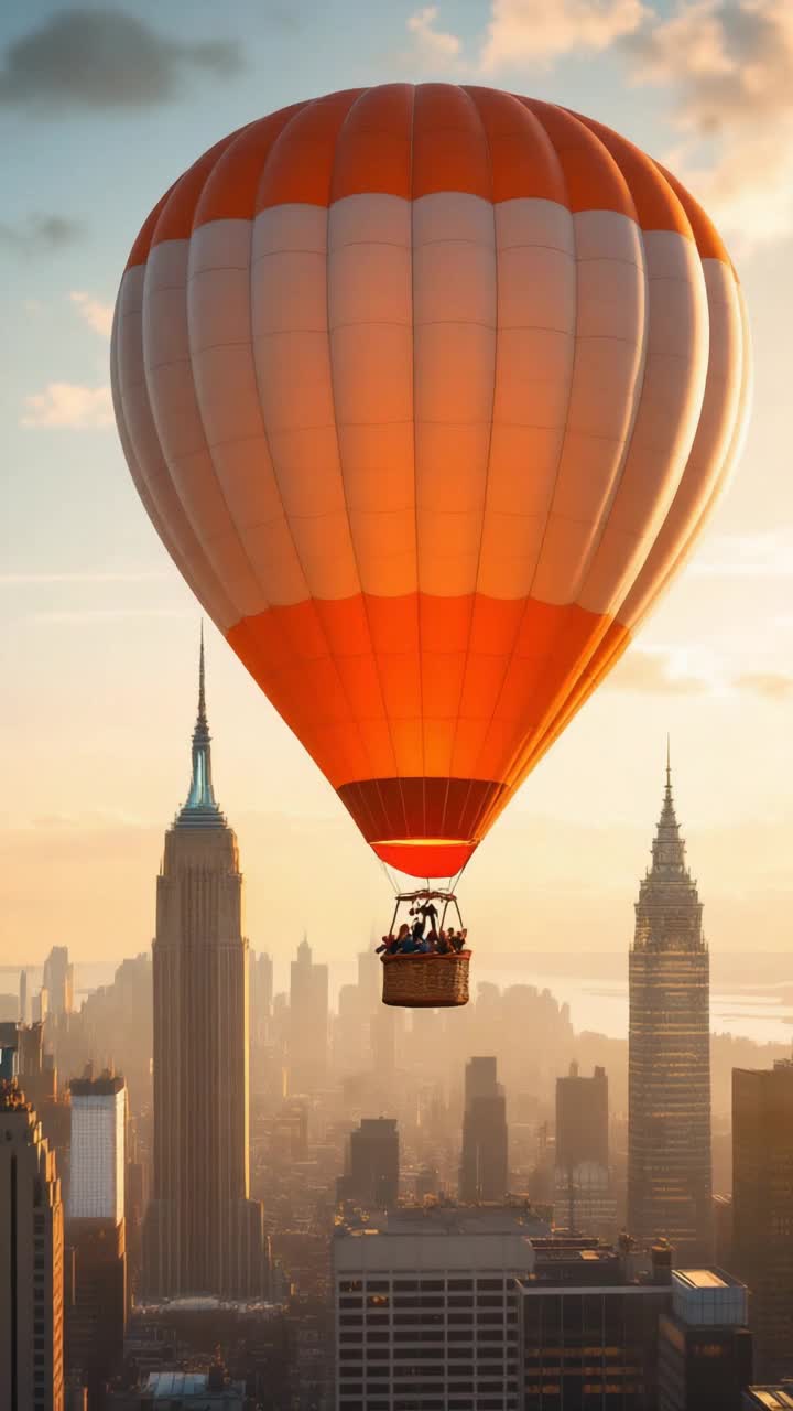 A hot air balloon floating over the top of New York City on a beautiful crisp fall morning 