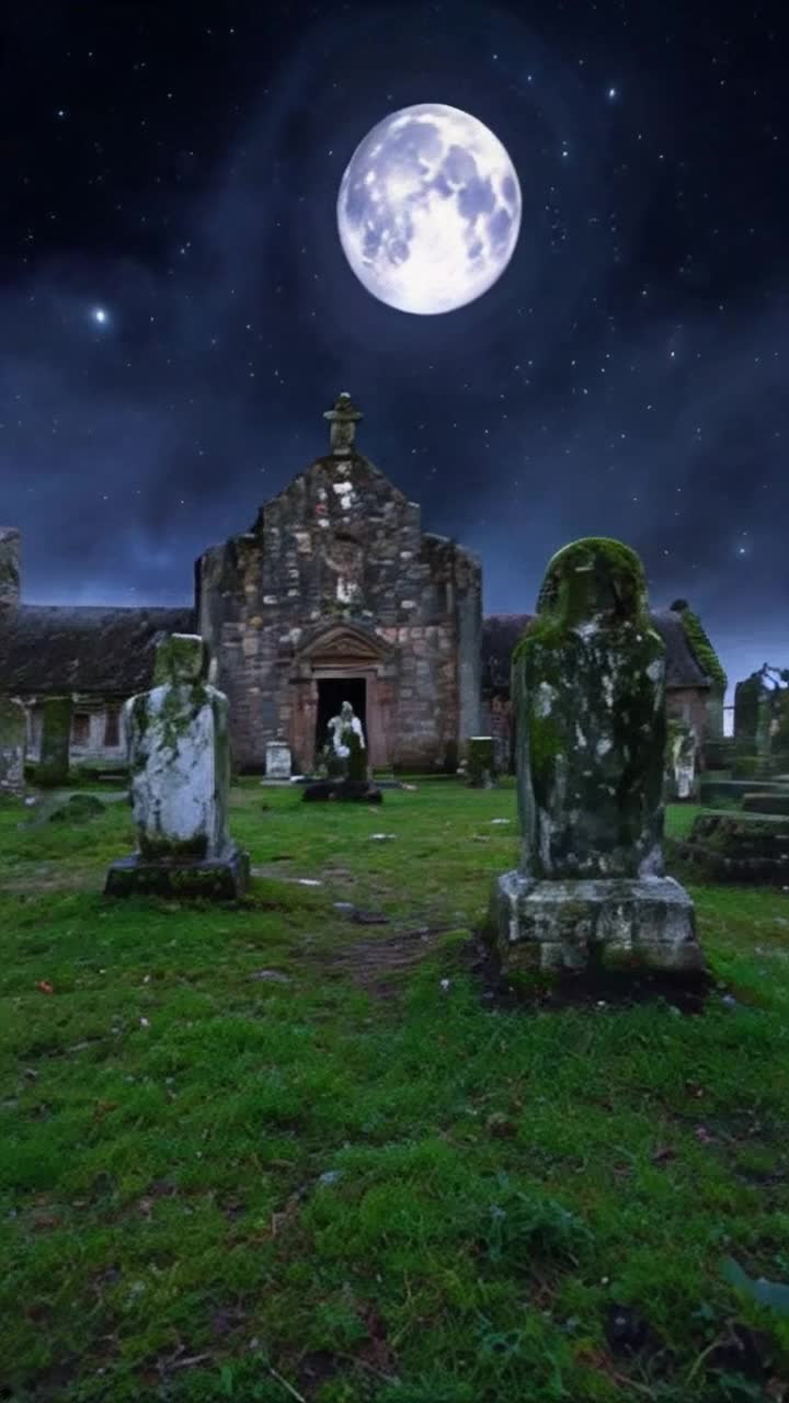 An ancient misty weed choked graveyard with an ancient stone church in Ireland the graveyard has beautiful marble moss covered stone statuary coming to life and walking around  there are glimmers of odd lights and spirits in thin diaphanous  sheets the sky is a dramatic and displays a beautiful full moon
