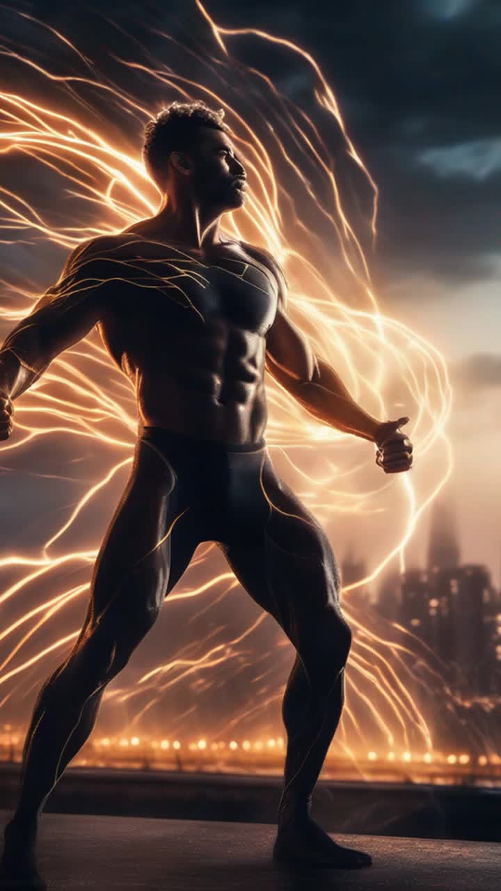 Heroic figure with defined muscles radiating electric energy, striking a powerful landing pose, crackling waves of electricity erupting from his body, illuminating shadows with radiant arcs of blinding light, dynamic urban skyline silhouetted against a dark night sky, flashes reflect off towering buildings, energy pulses ripple through the air, a sense of awe and excitement fills the environment, dramatic clouds swirling above, deep blues and purples contrast with the bright flashes around him, creating an electrifying atmosphere of heroism