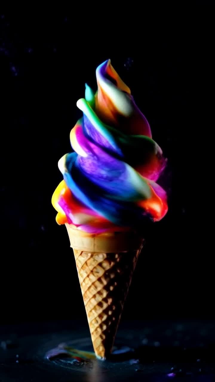 Multicolored psychedelic softserve ice cream cone, twirling, dancing radiating neon psychedelic colors, mind blowing intensity, Extremely beautiful and colorful 