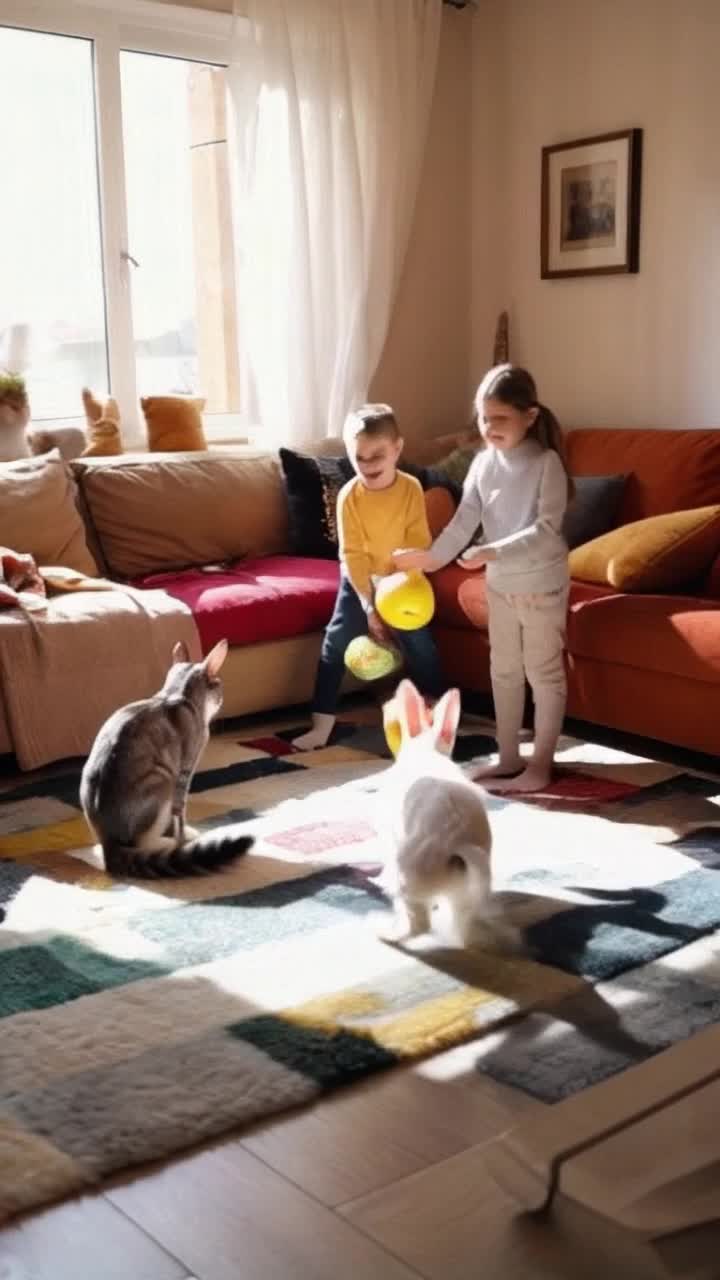Whimsical cats juggling colorful balls gleefully bouncing dogs wearing silly costumes playful rabbits hopping around giggling children bursting with laughter embracing furry companions rich cozy living room filled with sunlight vibrant cushions plush rugs cheerful family moments radiating warmth joy floating in the air