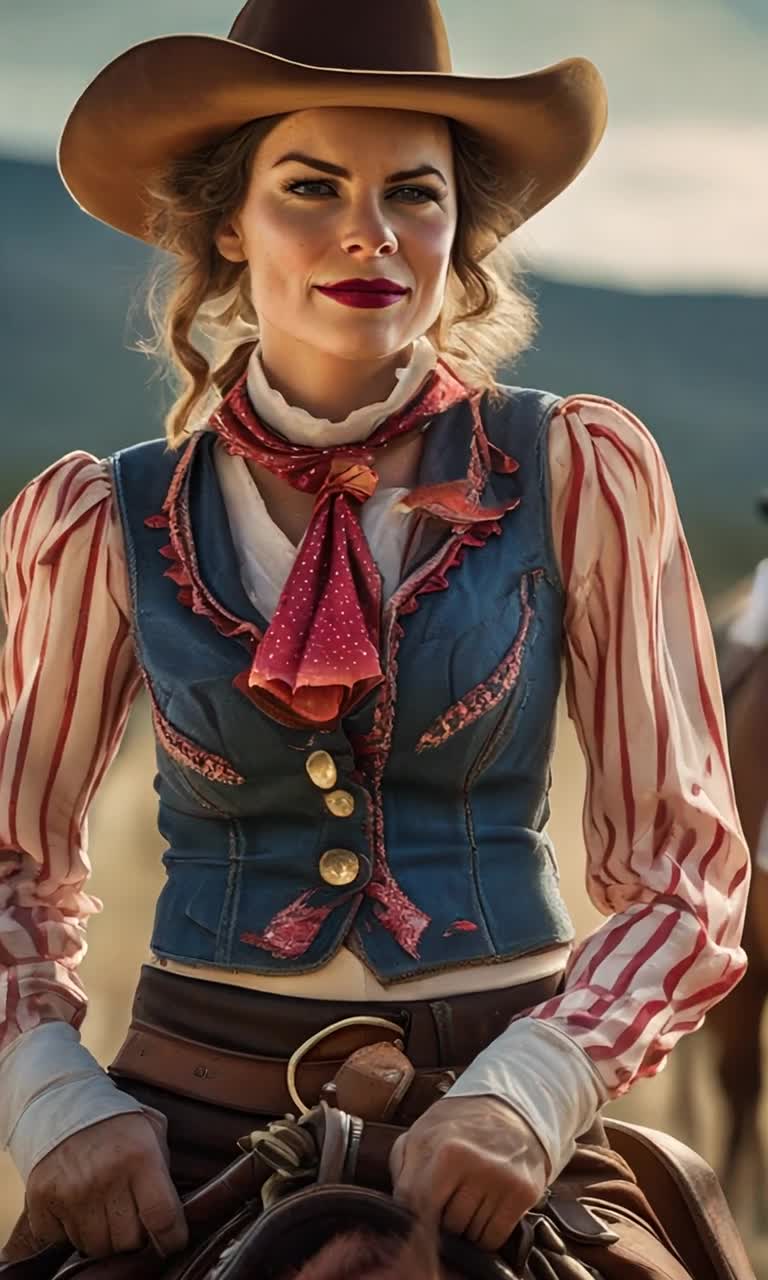  a captivating portrayal of a beautiful cowgirl clown, blending traditional Western fashion with a touch of whimsy, exuding charm and charisma as she rides a trusty horse, captivating all who witness her with her infectious smile and undeniable cowboy swagger